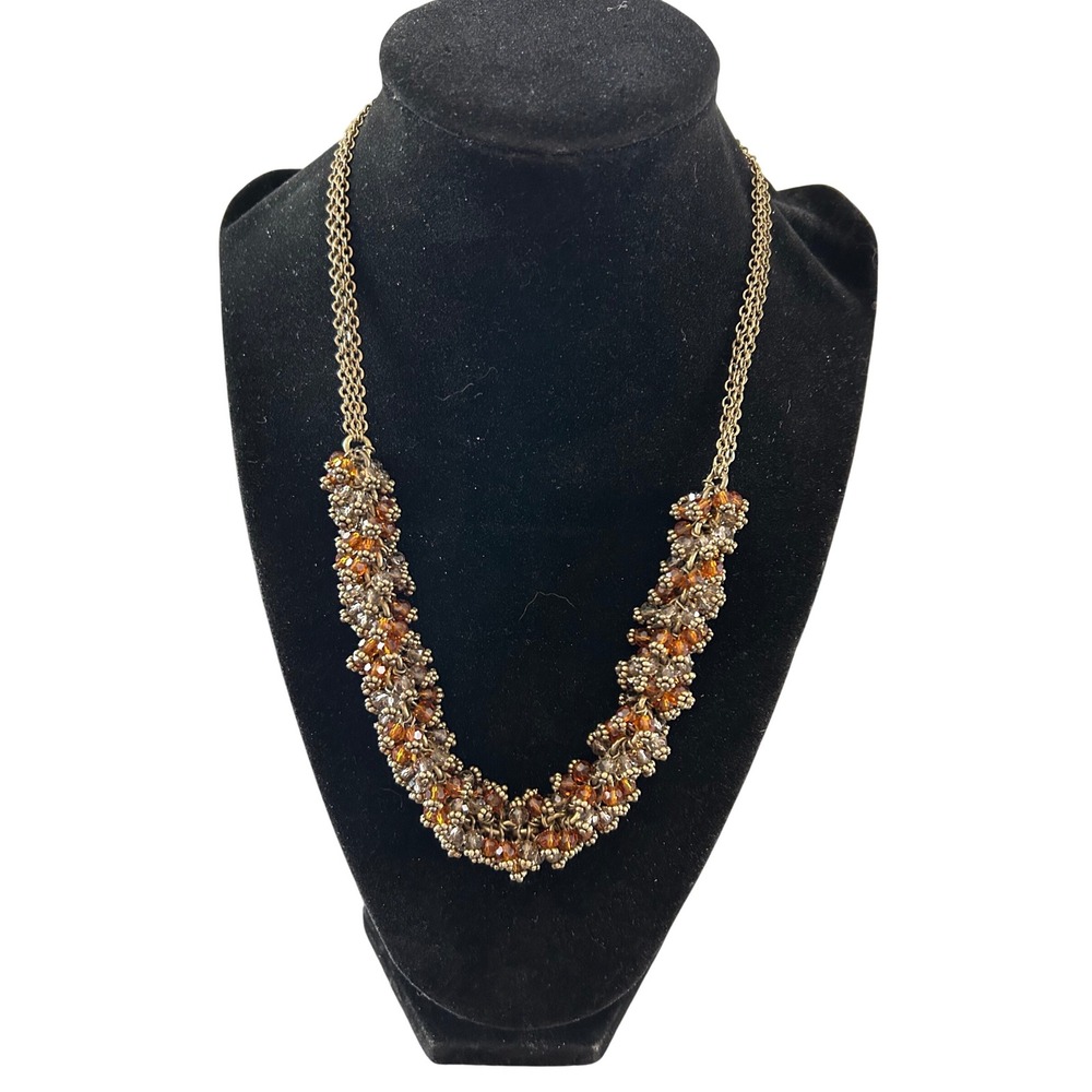 Ann Taylor LOFT Amber Brown Crystal Beaded Bib Necklace Antique Brass Tone NEW
